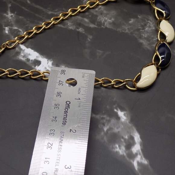 Vintage Choker Collar Necklace Thermoset Navy Blue and Cream Stones Gold-tone - Picture 7 of 8